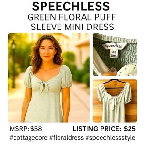 🌿Speechless Green Floral Puff Sleeve Mini Dress - Size XS NEW without tags